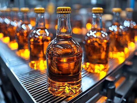 Bottles Filled With Amber Liquid Travel Along a Conveyor System
