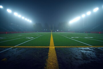 Naklejka premium Empty Night Football Field Stadium Lights Fog