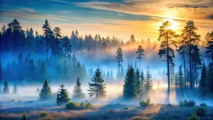 Poster A serene forest landscape at dawn, with a misty blue background and soft, warm light filtering through the trees , fog, mist