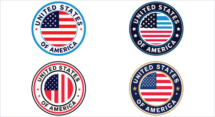 
United states of America text badge. United states flag symbol circular badge vector design. American flag round badge logo vector. United states of American text and flag round stamp vector