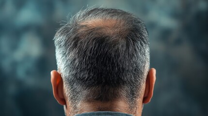 Fototapeta premium A man with graying, thinning hair sits calmly, showcasing a natural posture. The blurred backdrop offers a soothing ambiance, typical of a late afternoon setting