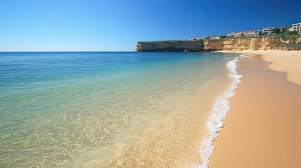 Obraz premium Sunny beach with clear water and cliffs.