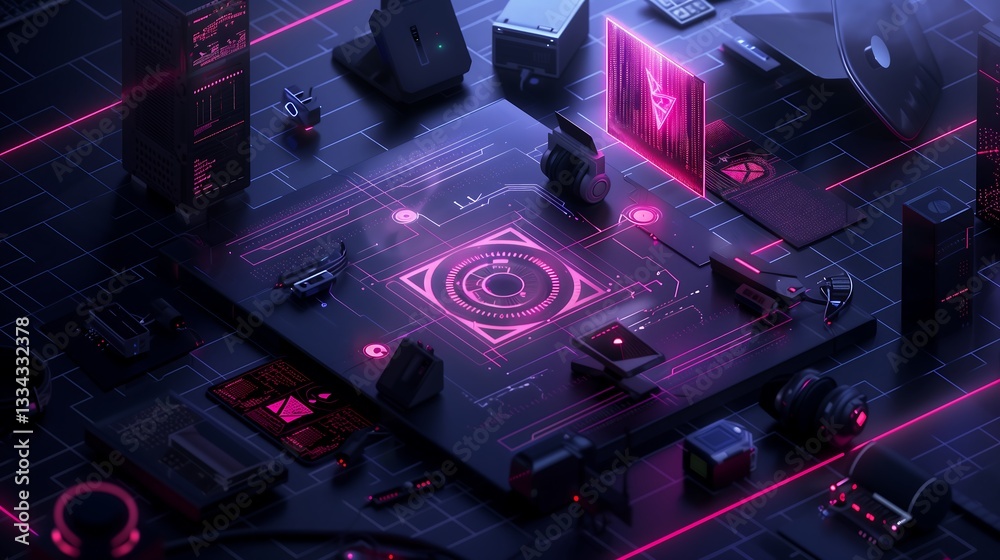 Poster a futuristic business environment where encrypted data streams flow between interconnected devices, 