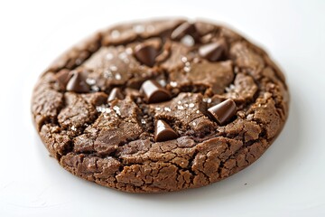 A decadent and freshly baked double chocolate chip cookie adorned with sea salt crystals, presented on a pristine white surface, showcasing its rich texture and gourmet appeal