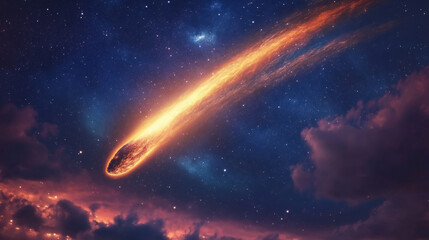 Fototapeta premium Dramatic celestial event featuring a vibrant fireball hurtling through a dark starry night sky with ethereal clouds and cosmic dust creating a stunning visual spectacle