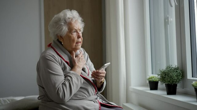 Horrified senior woman scrolling her smartphone. Phone scams on elderly people.