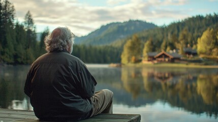 Fototapeta premium A man is seated on a dock, gazing at the tranquil lake surrounded by lush trees and distant mountains. The afternoon light creates a soothing atmosphere for reflection