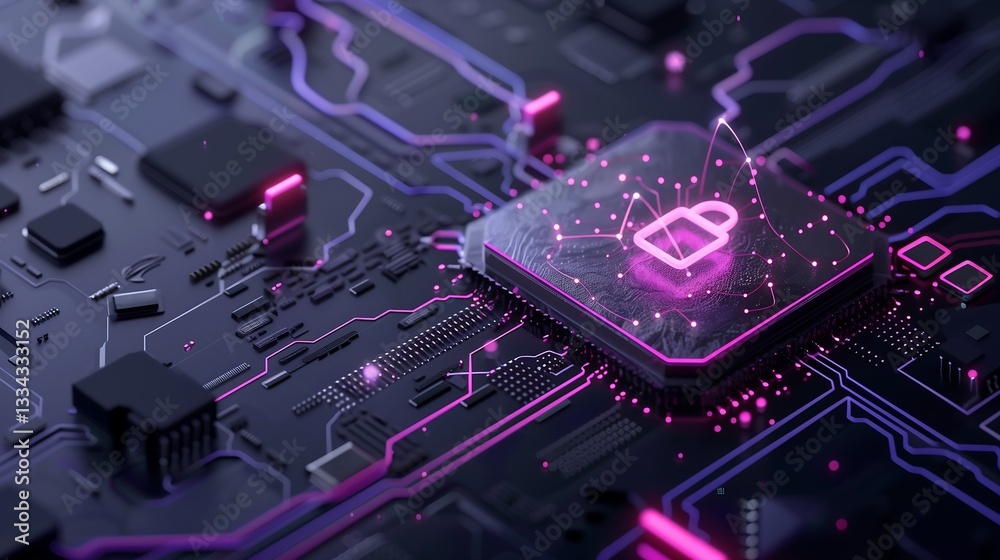 Poster a high-tech data center visualizing a secure digital transfer, with biometric authentication icons, 