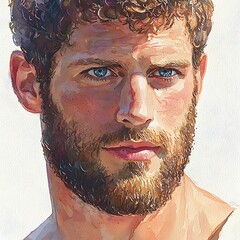 Close-up Watercolor Portrait of a Man with Curly Hair and Beard. A detailed artistic illustration depicting a male's facial features.