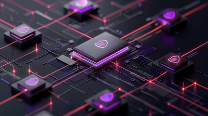 An advanced cybersecurity network with encrypted data packets traveling through glowing digital pathways, secured by firewall icons and shield symbols to represent strong data protection.