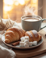 A croissant on a plate with a cup of hot chocolate. The background is a soft-focus kitchen counter with a warm morning light