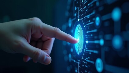 close-up of a hand pressing a digital fingerprint scanner, with a glowing blue light emanating from the sensor and digital data flowing around it