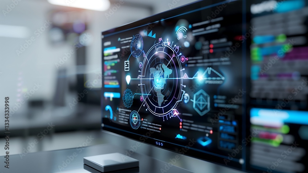 Poster an augmented reality display of cybersecurity layers, showing multi-factor authentication, encryptio