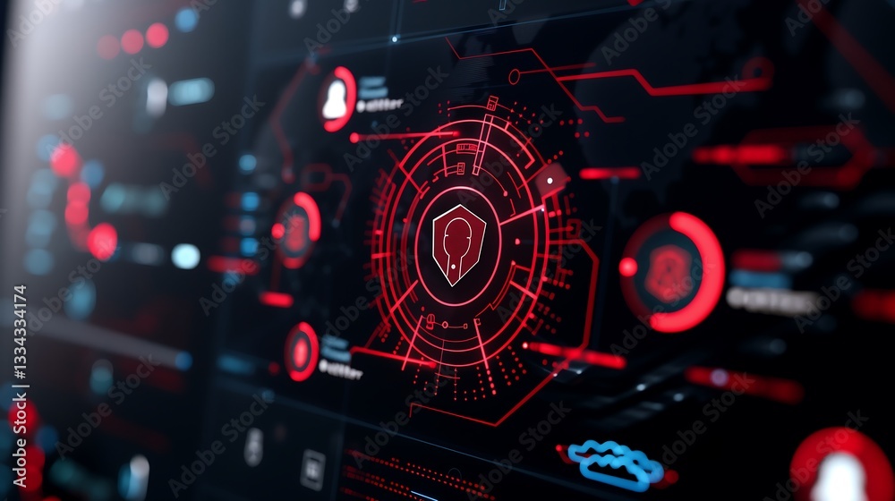 Poster an augmented reality display of cybersecurity layers, showing multi-factor authentication, encryptio