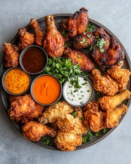 A top-down view of a platter filled with a variety of crispy fried chicken pieces, served with dipping sauces and garnished with fresh herbs.