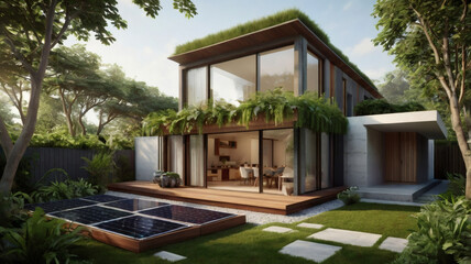 Modern Eco-Friendly House with Green Roof and Pool in a Lush Natural Setting