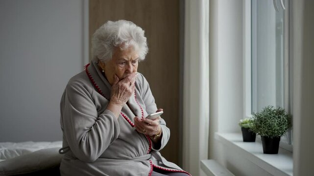 Horrified senior woman scrolling her smartphone. Phone scams on elderly people.