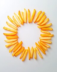 French fries arranged in a circular pattern on a white background
