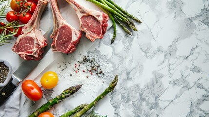 Depict a gourmet preparation scene with raw lamb chops and a variety of fresh vegetables like tomatoes and asparagus.
