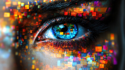 Abstract human eye featuring a digital mosaic design symbolizing technology and the future of perception with vibrant colors and intricate pixel patterns
