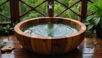 Fototapeta premium Wooden basin with rippling water surrounded by lush greenery 