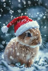A festive bunny celebrates winter holidays wearing a red hat and surrounded by falling snow in a dreamy winter scene.