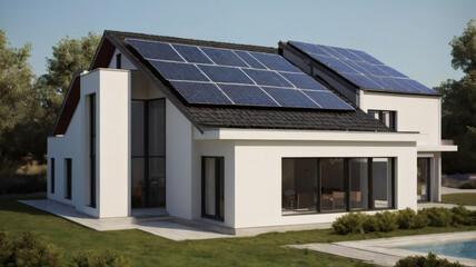Modern House with Solar Panels on the Roof for Sustainable Energy