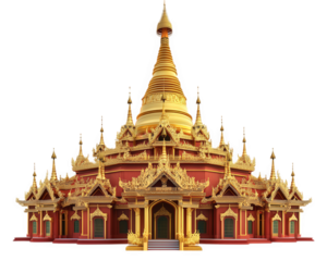 grand Burmese style pagoda featuring ornate golden dome and intricate architectural details, showcasing cultural heritage and artistry