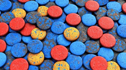 Colorful round objects stacked as background,  close-up