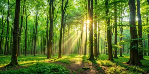 Naklejka premium A serene forest with tall trees enveloped in fresh greenery and sunlight filtering through the leaves