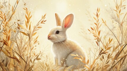 A gentle white rabbit with long ears rests among golden wheat stalks in a sunlit field, evoking a sense of tranquility and natural beauty