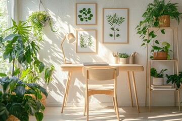 Bright Scandinavian Study Space: Sunlit Interior with Natural Wood Desk and Lush Potted Plants