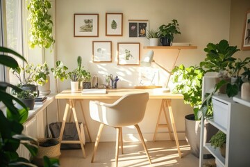 Bright Scandinavian Sunlit Study Nook with Natural Wood Desk and Lush Potted Plants