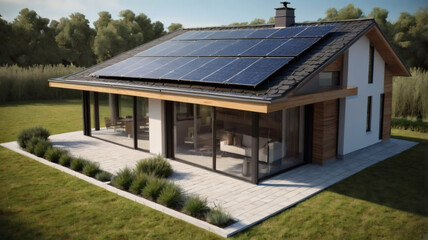 Modern House with Solar Panels on the Roof for Sustainable Energy