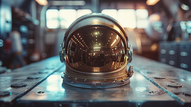 A gleaming golden astronaut helmet rests on a metallic surface within a spaceship, reflecting the interior lights and suggesting readiness for a space mission