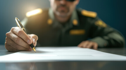 customs officer in uniform signs documents at desk