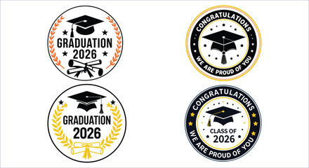Obraz premium Education logo design vector. Graduation logo with diploma hat and stars vector design. Graduation badge with class of 2026 text. Graduation celebration badge with cap vector illustration