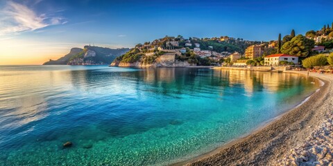 Panoramic view of a secluded beach with turquoise water and pebbles at dawn, Provence-Alpes-Cote dAzur, Villefranche-surMer
