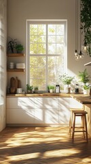 Bright and airy kitchen with natural light and greenery during a sunny morning