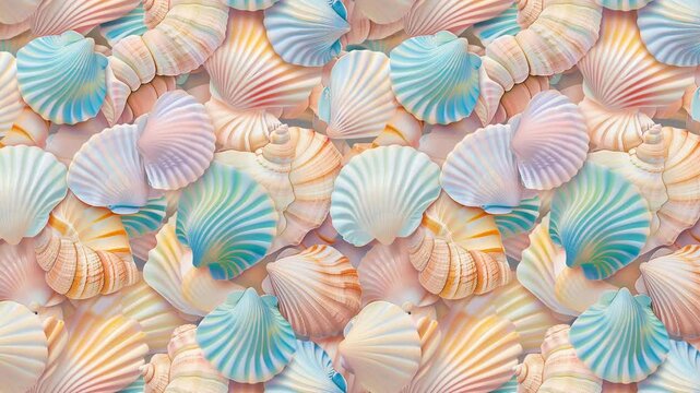 Seamless looping pattern of pastel seashells on a soft blue background.