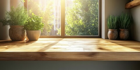 Bright sunlight streaming through a window onto a wooden shelf adorned with potted plants in a cozy indoor space