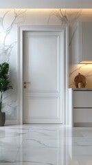 Modern kitchen interior with a white door and marble flooring showcasing contemporary design elements and bright lighting