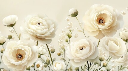 A hand-painted watercolor illustration of white peonies and ranunculus flowers, perfect for DIY projects like invitations or posters. -