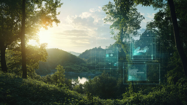 Technology seamlessly integrated into a lush forest environment enhancing sustainability and ecological monitoring with advanced data visualization techniques