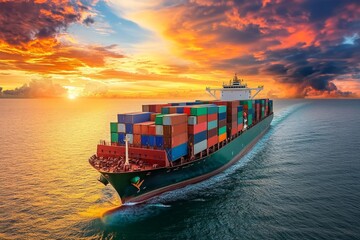 A large container cargo vessel loaded with multicolored shipping containers is sailing on the open sea towards the horizon during a spectacular sunset with dramatic orange and yellow clouds