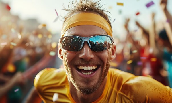 A jubilant male athlete, beaming with elation, triumphantly crosses the finish line of a marathon race amidst a shower of colorful confetti and the cheers of an enthusiastic crowd.