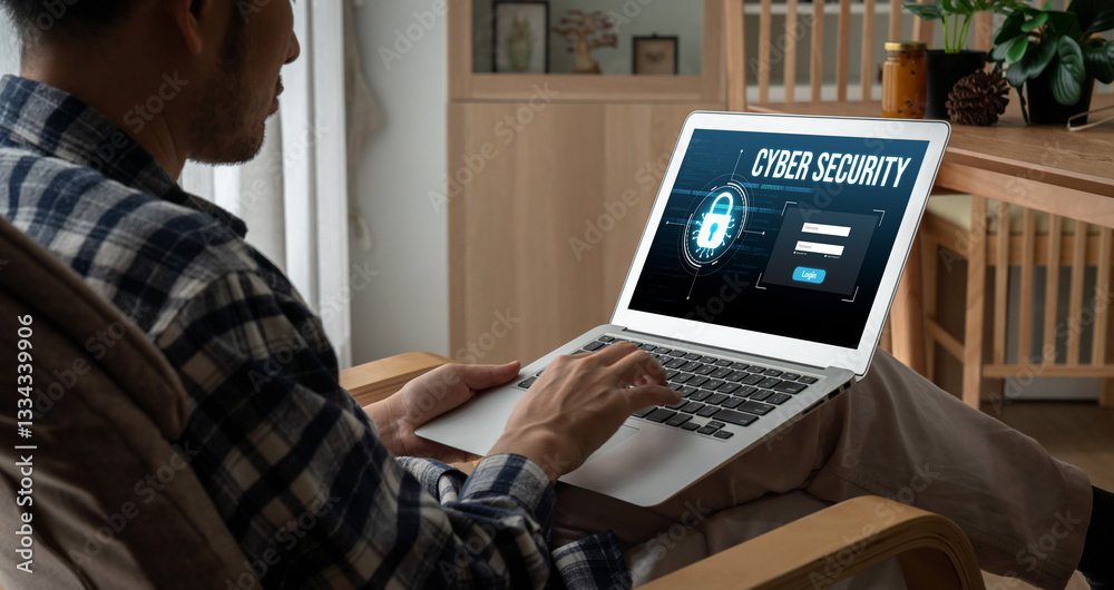 Poster cyber security system on computer screen protect private information snugly from hacker and cyber at