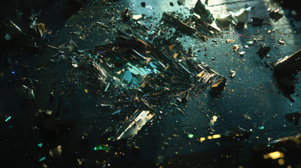 Abstract composition of scattered shards and fragments creating intricate patterns reflecting light with cool tones creating a modern visual experience
