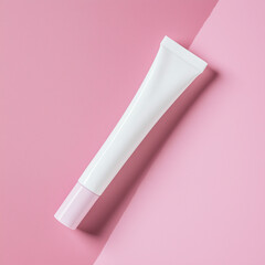 Mockup of a slim white cosmetic tube with a pink cap on a soft pink background

