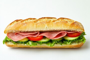 Foccacia Delight: Fresh Sandwich with Pesto, Ham, Cucumber, Salad, and Juicy Tomatoes